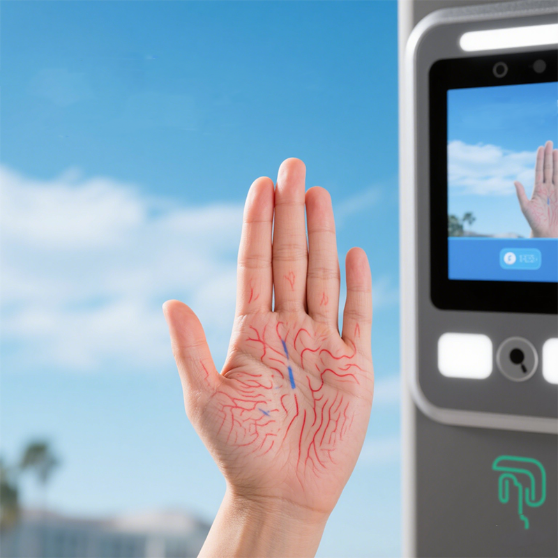 Close-up of palm vein biometric scanner in use